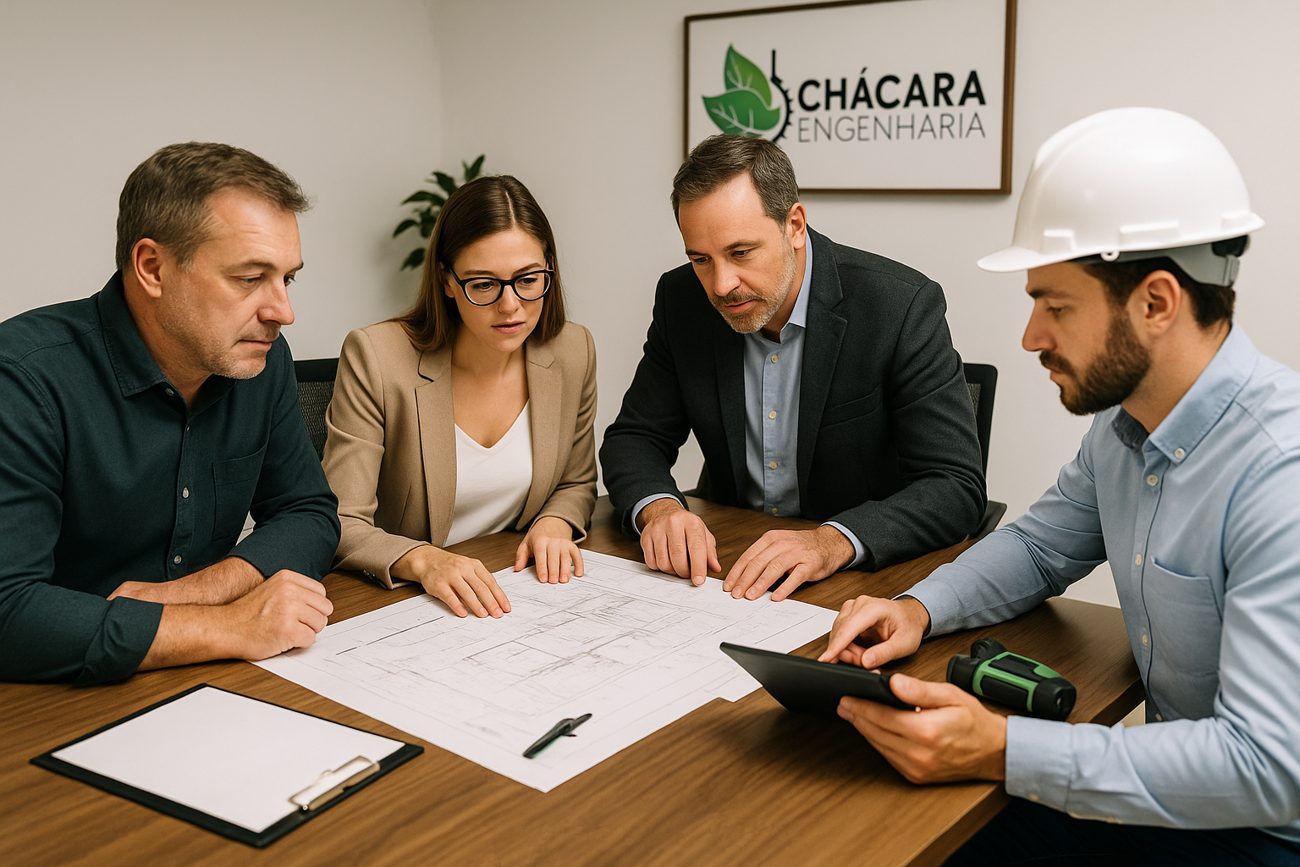 Equipe da Chácara Engenharia em reunião de projeto